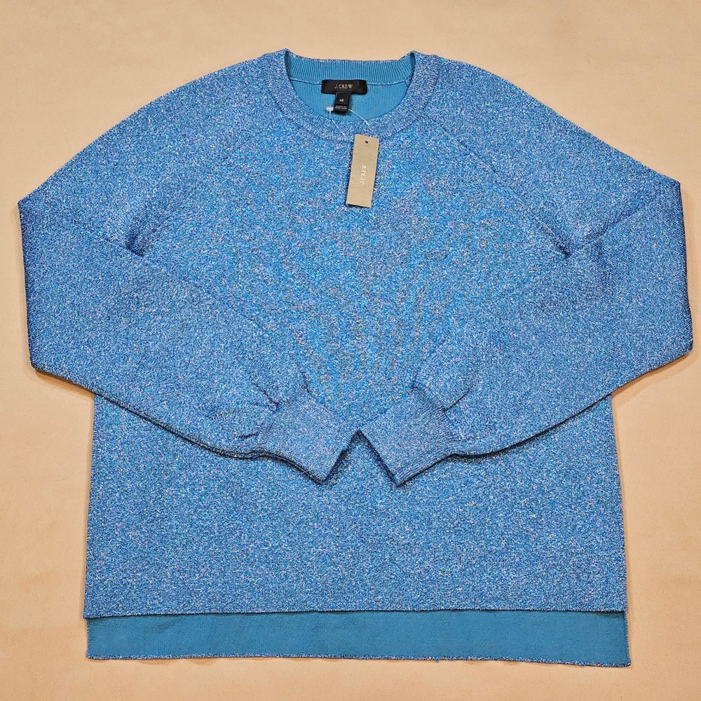 J.Crew Womens XS Blue Metallic Knit Raglan Sweater NWT Crew Neck Side Slit